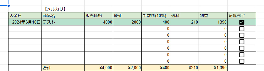 メルカリの利益計算表