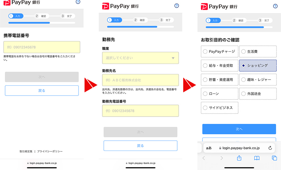 職業など個人情報の入力 引用元:PayPay銀行